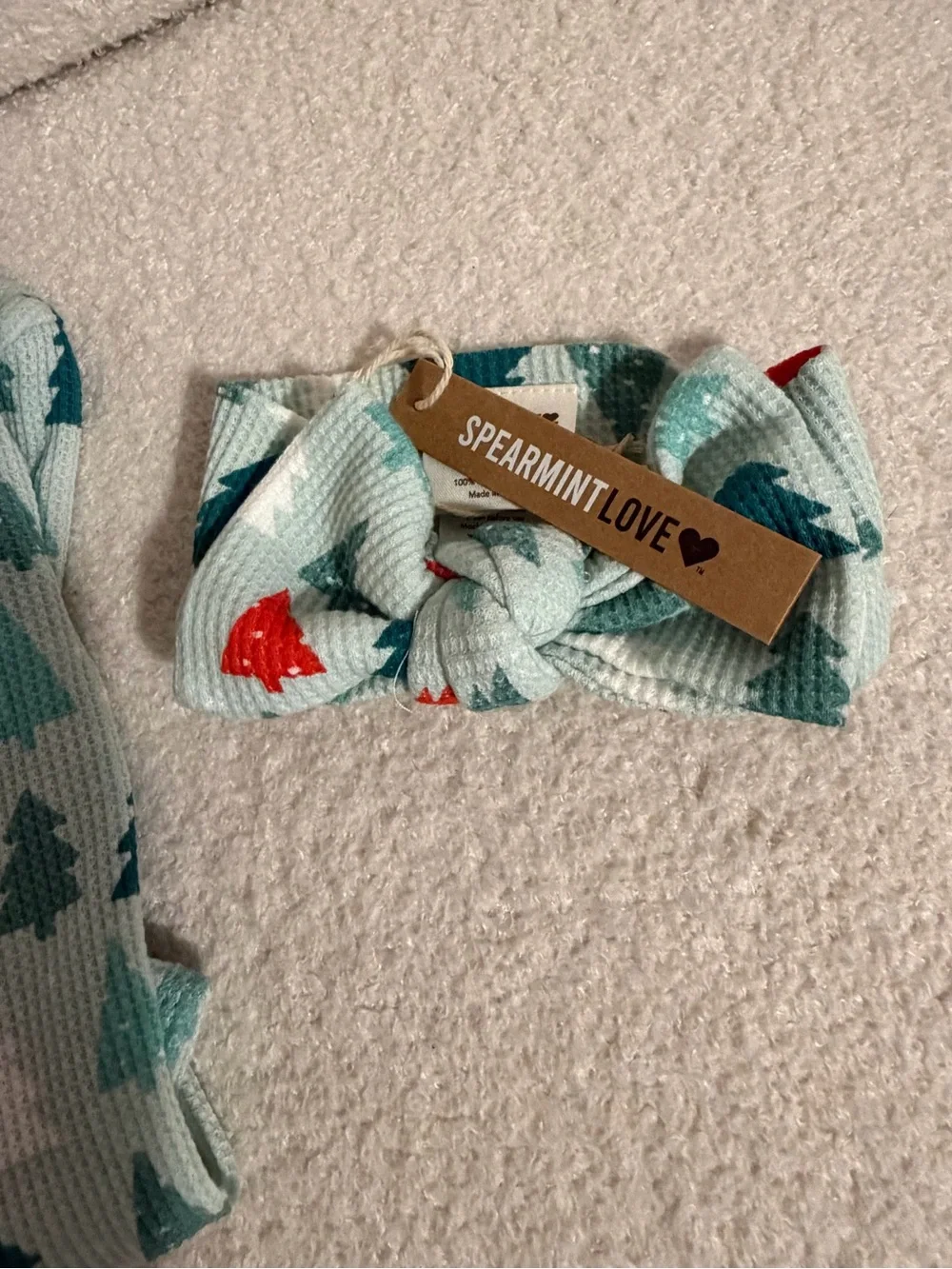 Spearmint Love Holiday Tree Print One-Piece with Headband - Green & Red